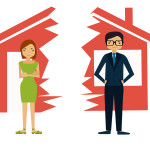 Divorce. Man and woman divide house. Vector illustration